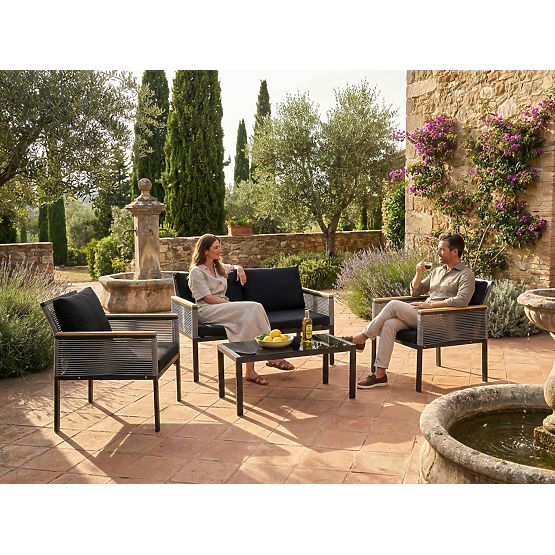 Kis erkély bútor szett (2 x szék, kanapé + asztal) CORTO fekete alumínium, szürke technorattan