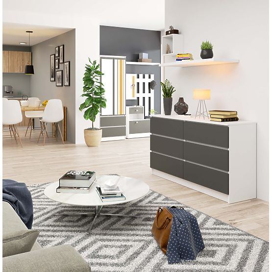 Komód K 140 cm 6 fiókos PK fehér-grafit szürke