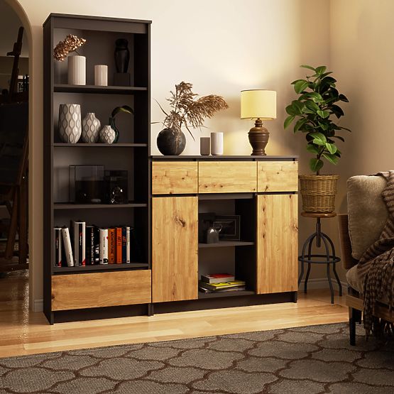 KOMÓD K100 2D 3SZ 1P PK GRAFIT SZÜRKE / ARTISAN TÖLGY