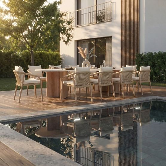 Komorebi kerti asztal 270 cm kőlapos, világos akácfa/világos bézs, ovális, lamellás