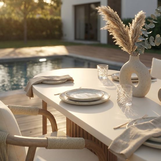 Komorebi kerti asztal 270 cm kőlapos, világos akácfa/világos bézs, ovális, lamellás