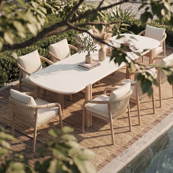 Komorebi kerti asztal 280 cm kőlapos, világos akácfa/világos bézs, téglalap alakú