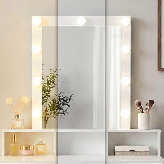 Kozmetikai fésülködőasztal tükörrel és LED világítással, 3 fényerősség beállítással, ModernHome