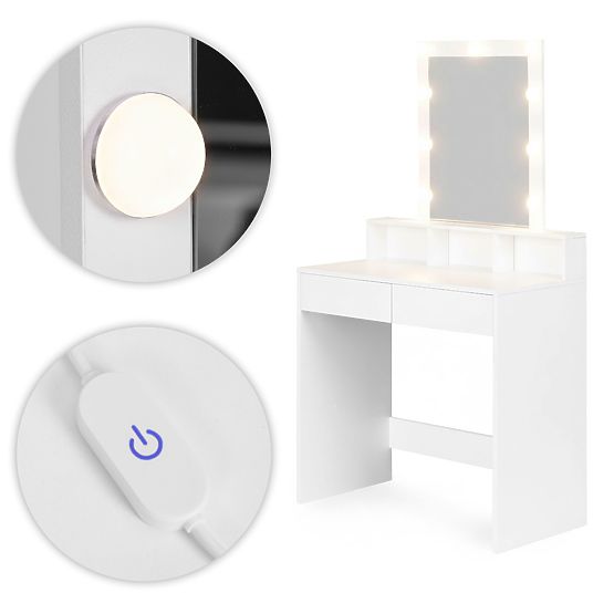 Kozmetikai fésülködőasztal tükörrel és LED világítással, 3 fényerősség beállítással, ModernHome