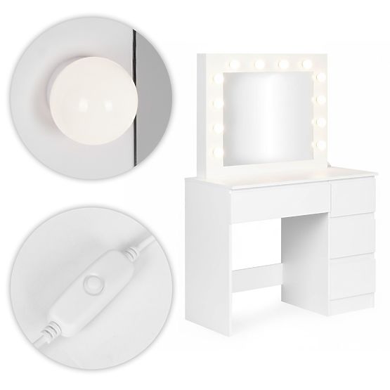 Kozmetikai fésülködőasztal tükörrel és LED világítással, 4 fiókos ülőkével - ModernHome