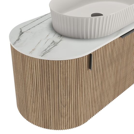 La simplicite 100 cm-es szekrény szett mosdóval, bordázott, lekerekített, Glit White/tölgy
