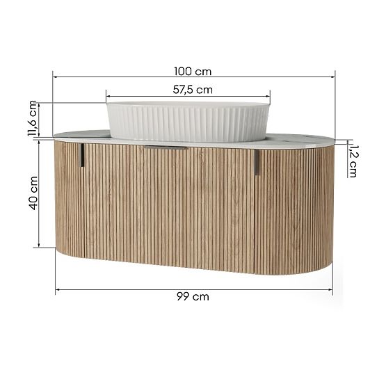 La simplicite 100 cm-es szekrény szett mosdóval, bordázott, lekerekített, Glit White/tölgy