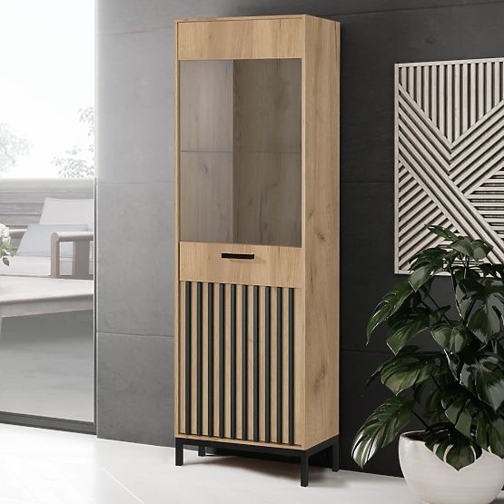 LAMINO W-1 vitrin craft tölgy/fekete, lábak: fekete