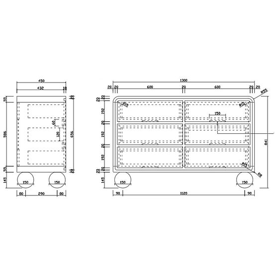 Lauria 130 cm-es komód fiókokkal, fehér, lekerekített, gömb lábakkal