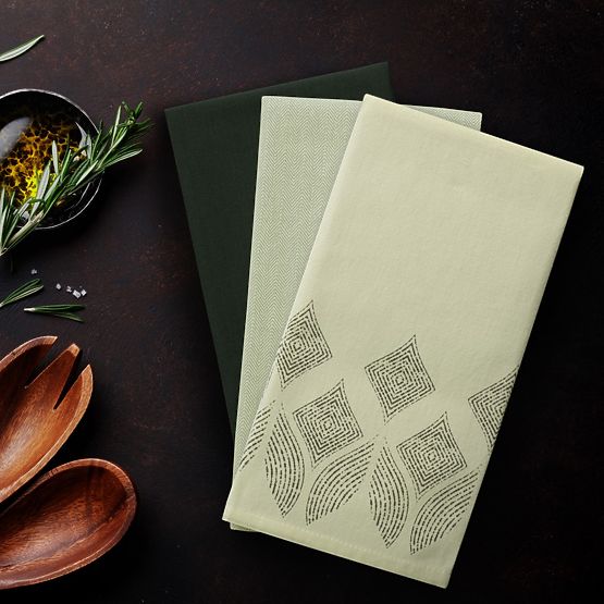 LETTY konyhai törlőkendő palackzöld színben, modern nyomott mintával, 50x70, ameliahome