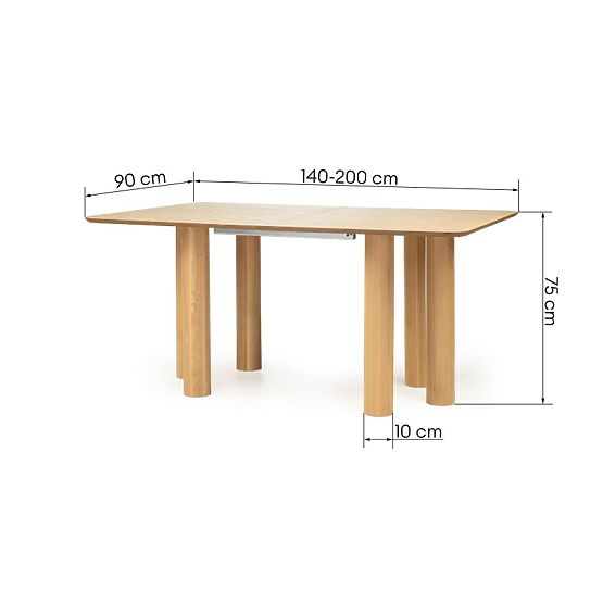 Loa 140-200 cm-es kihúzható asztal, tölgy furnér, természetes, bükkfa, lekerekített