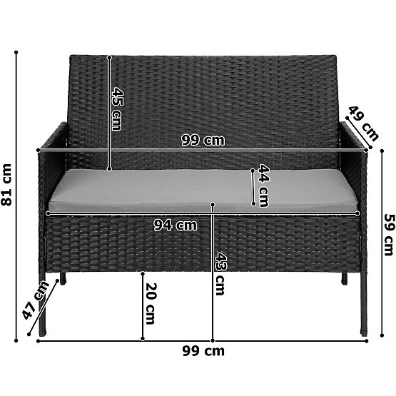 MAGNOLIA fekete technorattan kerti bútor szett szürke párnákkal