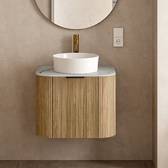 Matinale 60 cm-es szekrény és mosdókagyló szett, bordázott, lekerekített, Glit White/akác