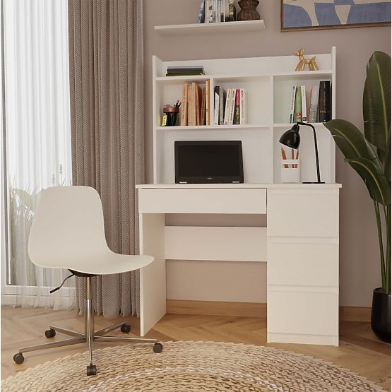 MIJAS Jobb Oldali Íróasztal Felépítménnyel Matt Fehér 4 Fiók 4 Polc Irodába Szobába