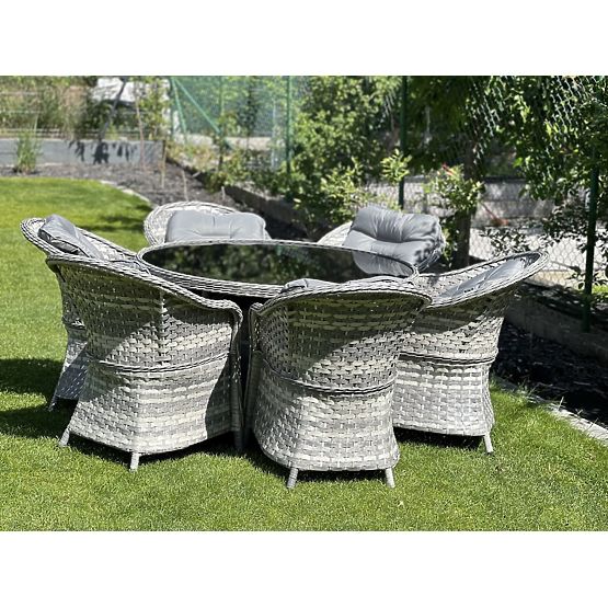 Nagy étkezőgarnitúra technorattanból (6 szék + asztal) MODERNO világosszürke