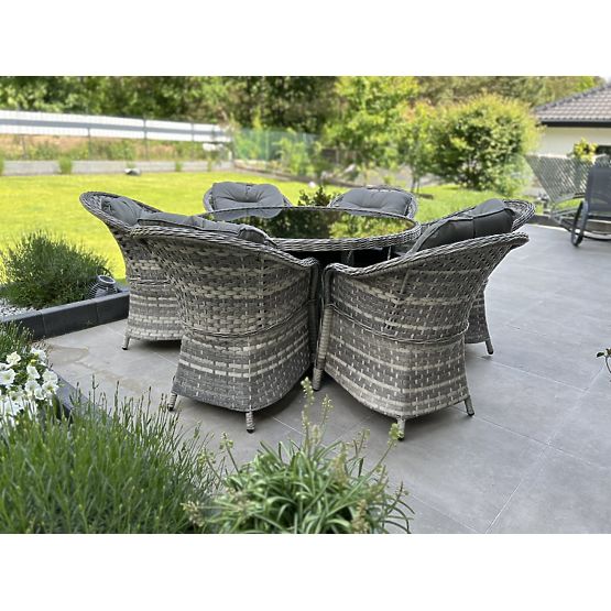 Nagy étkezőgarnitúra technorattanból (6 szék + asztal) MODERNO világosszürke