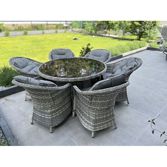 Nagy étkezőgarnitúra technorattanból (6 szék + asztal) MODERNO világosszürke