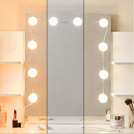 Nagy kozmetikai fésülködőasztal tükörrel és LED világítással 3 szín polcok fiókok ModernHome