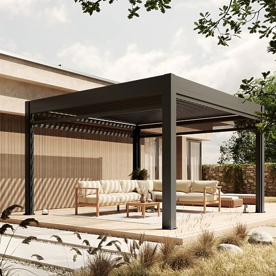 Önállóan álló Lumera kerti pergola alumíniumból, 4x4 m, bioklimatikus, LED világítás, elektromos