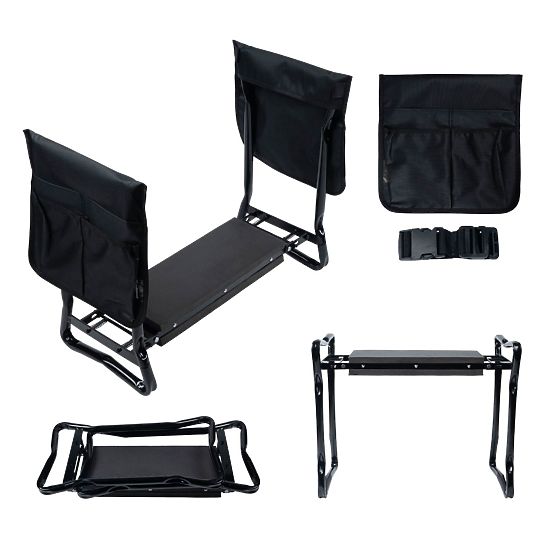 Összecsukható térdelő kerti szék szerszámtartó övvel és 2 szervezővel