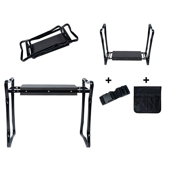 Összecsukható térdelő kerti szék szerszámtartó övvel és 2 szervezővel