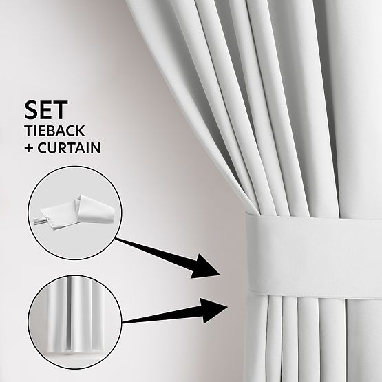 RESTILO BLACKOUT függöny fehér szín, rögzítő sáv, klasszikus stílus, ezüst karikák, anyag bl