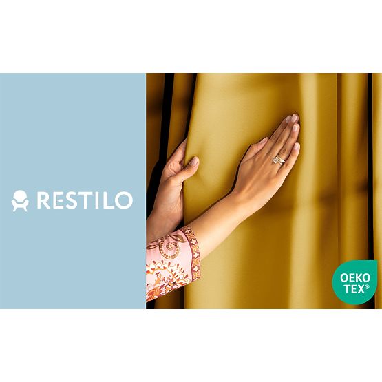 RESTILO BLACKOUT függöny mustár színben, klasszikus stílus, ezüst karikák, anyag