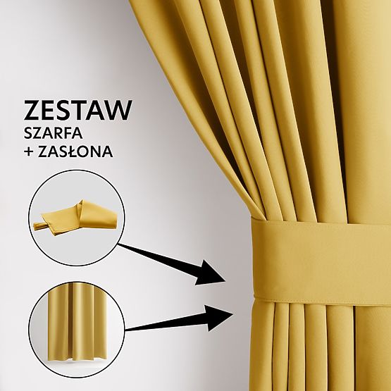 RESTILO BLACKOUT függöny mustár színben, klasszikus stílus, ezüst karikák, anyag