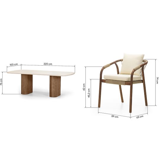 Rovigo kerti garnitúra kőlapos asztallal 220 cm és 4 fonott kötéllel ellátott szék, sötét fa