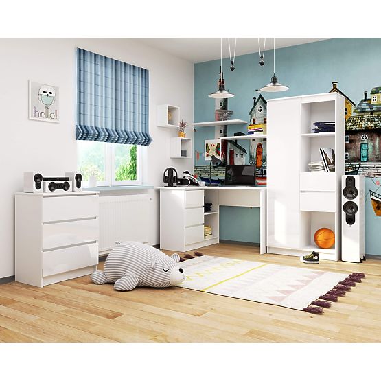 SAROK ÍRÓASZTAL B16 124 cm BAL 3 FIÓK PK FEHÉR / FEHÉR FÉNYES