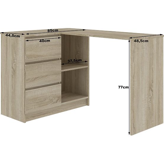 SAROK ÍRÓASZTAL B16 124 cm BAL 3 FIÓK TÖLGY SONOMA / FEHÉR