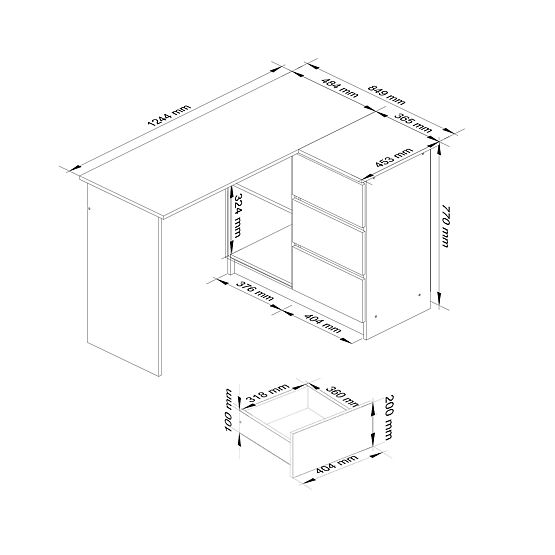 SAROKASZTAL B16 124 cm JOBB 3 FIÓK FEHÉR