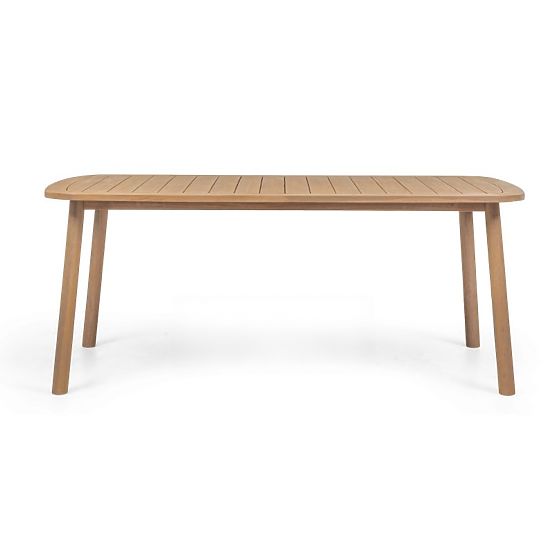 Satori kerti garnitúra, 183 cm-es asztal + 6 szék, FSC akácfa, teak hatású, bézs, lekerekített