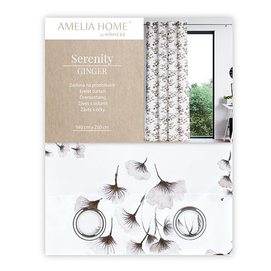 SERENITY fehér színű függöny nyomtatott növényi motívummal, klasszikus stílus, ezüst fém fűzőlyukakk