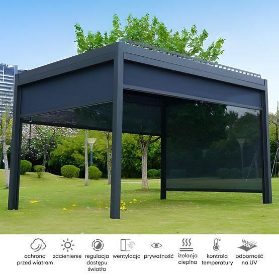 Szabadon álló Antilla alumínium kerti pergola, 4x3 m, bioklimatikus, mozgatható lamellák, antracit