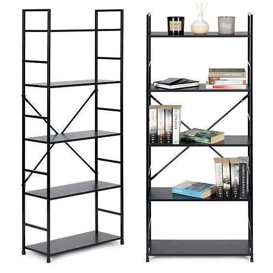 Széles fa polc modern LOFT 5 polcos fekete