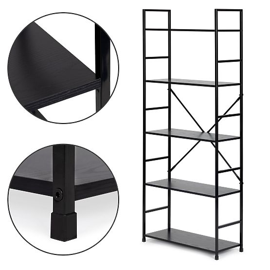 Széles fa polc modern LOFT 5 polcos fekete