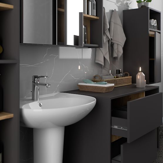 VAMI GRAFIT SZÜRKE / ARTISAN TÖLGY FÜGGESZTETT FÜRDŐSZOBAI BÚTOR SZETT
