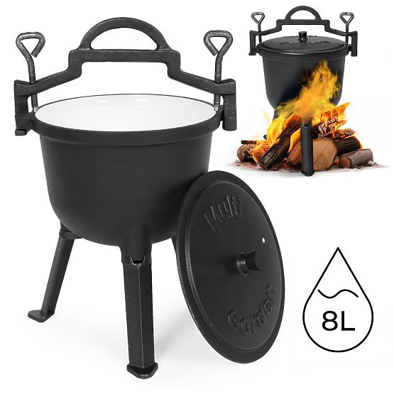 Zománcozott öntöttvas bogrács 8L álló vadász fazék tűzrakóhely grill MultiGarden