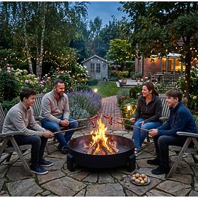 Nagy, masszív kerti öntöttvas tűzrakóhely 60 cm fogantyúkkal, ideális tábortűzhöz