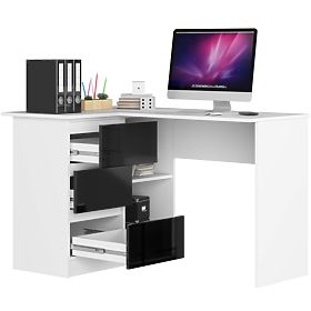 SAROK ÍRÓASZTAL B16 124 cm BAL 3 FIÓK FEHÉR / FEKETE FÉNYES